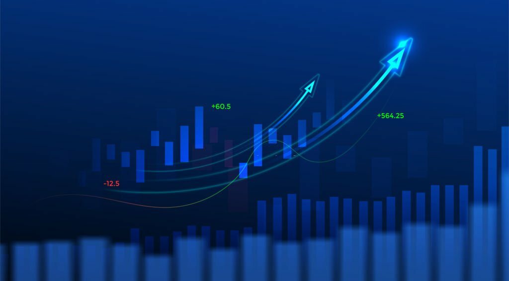 Business candle stick graph chart of stock market investment trading on blue background. Bullish point, up trend of graph. Economy vector design.