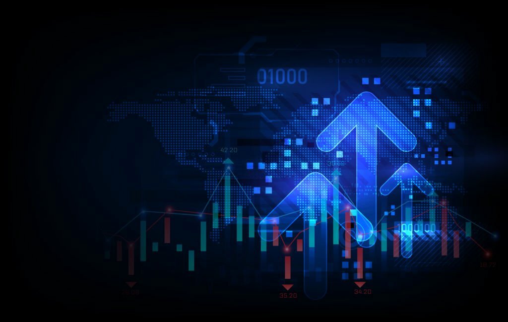 Futuristic raised triple-up arrow chart with candlesticks digital transformation abstract technology background. Big data and business growth currency stock and investment economy. Vector illustration