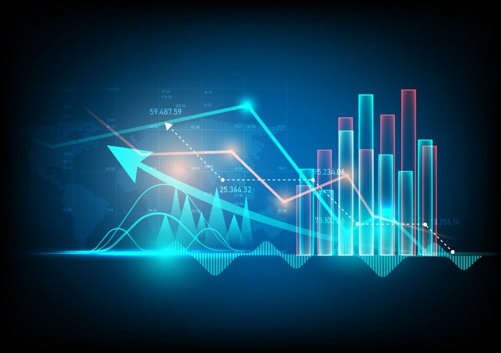 stock market finance graph background and figures on world map