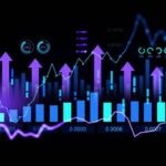 Business analytics with key performance indicators hologram, growing arrows and bar chart with numbers, digital marketing. Concept of infographics, statistics and profit