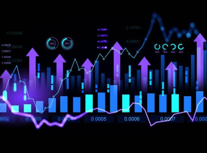 Business analytics with key performance indicators hologram, growing arrows and bar chart with numbers, digital marketing. Concept of infographics, statistics and profit