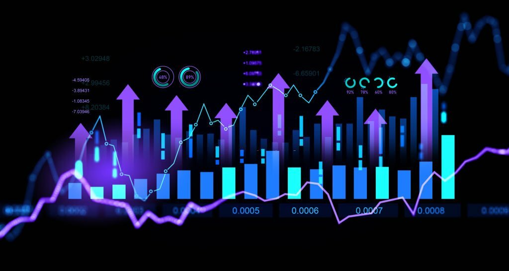 Business analytics with key performance indicators hologram, growing arrows and bar chart with numbers, digital marketing. Concept of infographics, statistics and profit