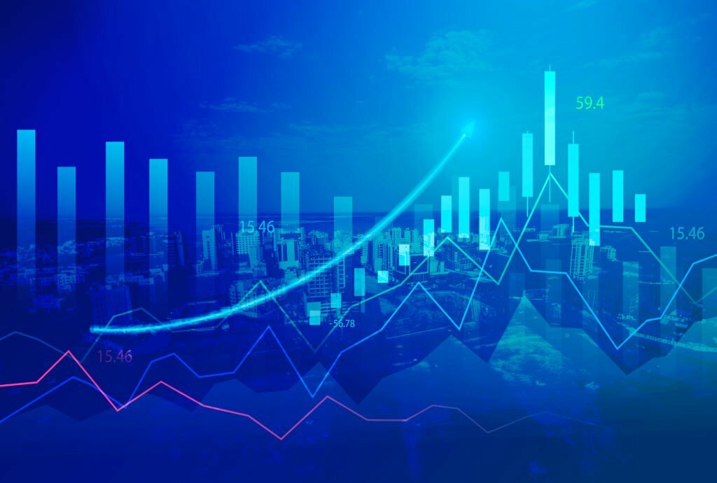 Stock market digital graph chart on LED display concept. A large display of daily stock market price and quotation. Indicator financial with buildings background