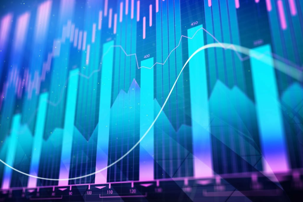 Creative glowing forex chart background. Investment, finance and trade concept. 3D Rendering