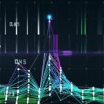 Abstract technology background with color lines in defocus on dark. Visual presentation of analytics digital algorithms. Computing concept. Banner for business, science and technology. Big Data.