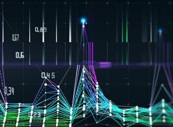 Abstract technology background with color lines in defocus on dark. Visual presentation of analytics digital algorithms. Computing concept. Banner for business, science and technology. Big Data.