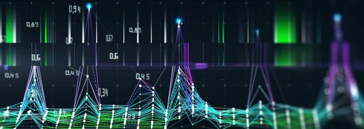 Abstract technology background with color lines in defocus on dark. Visual presentation of analytics digital algorithms. Computing concept. Banner for business, science and technology. Big Data.