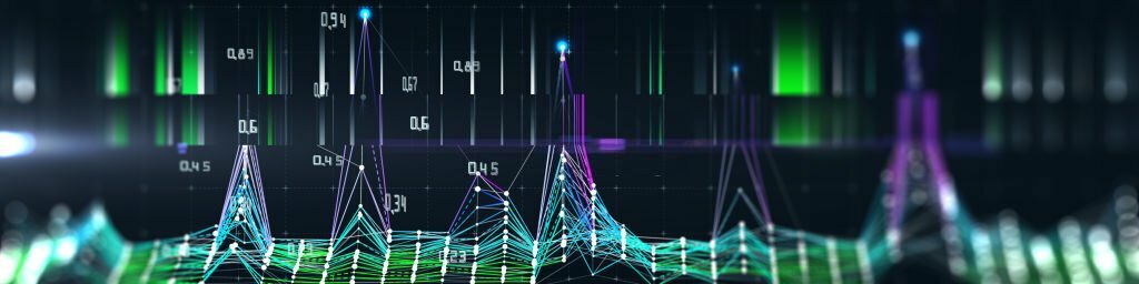 Abstract technology background with color lines in defocus on dark. Visual presentation of analytics digital algorithms. Computing concept. Banner for business, science and technology. Big Data.