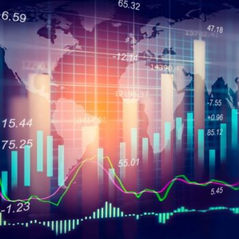Stock market indicator and financial data view from LED. Double exposure  financial graph and stock indicator including stock education or marketing analysis. Abstract financial indicator background.