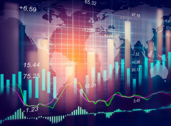 Stock market indicator and financial data view from LED. Double exposure  financial graph and stock indicator including stock education or marketing analysis. Abstract financial indicator background.