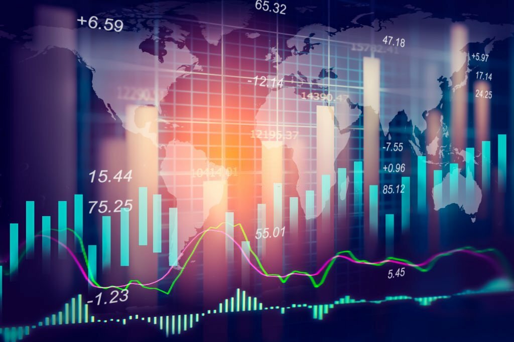 Stock market indicator and financial data view from LED. Double exposure  financial graph and stock indicator including stock education or marketing analysis. Abstract financial indicator background.