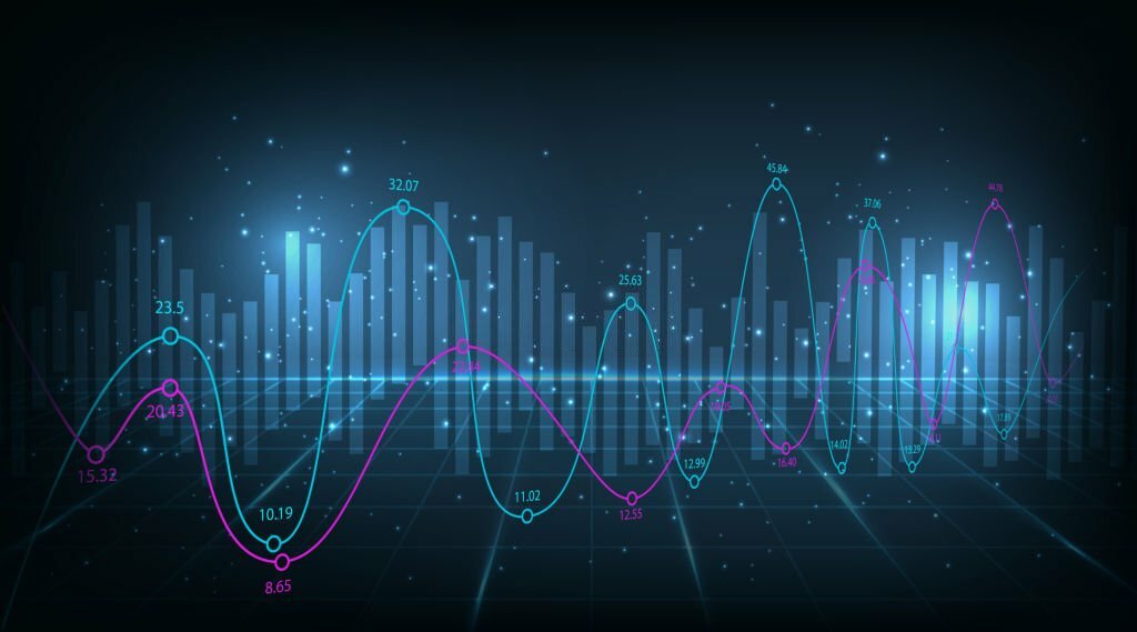 Trading infographic on dark blue background.Business chart with  rising and uptrend line graph.trading stock market concept.Vector illustration.