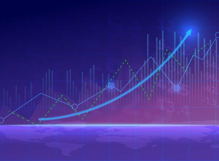 Business candle stick graph chart of stock market investment trading on blue background. Bullish point, up trend of graph. Economy vector design.