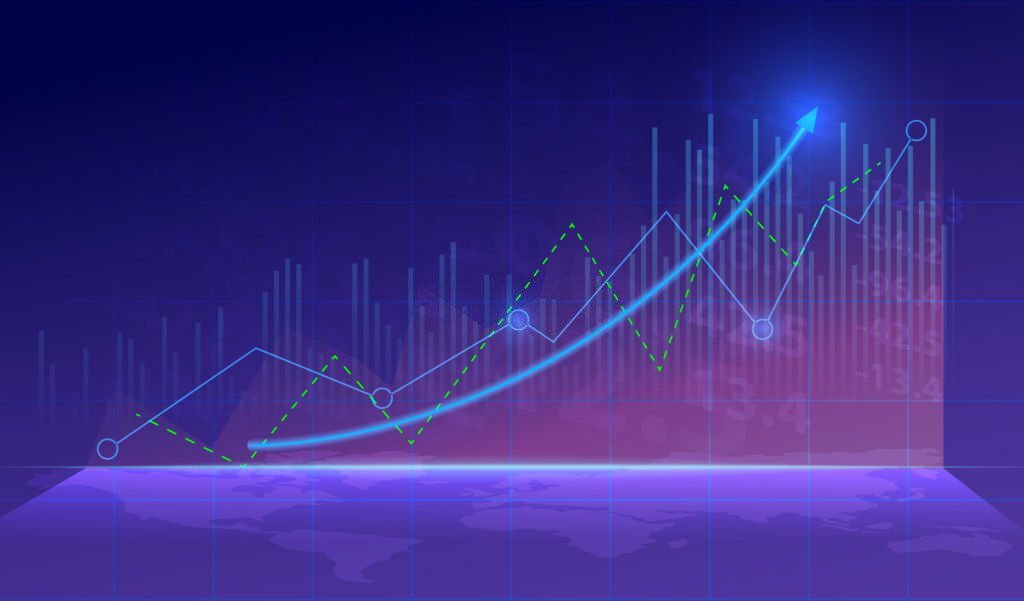 Business candle stick graph chart of stock market investment trading on blue background. Bullish point, up trend of graph. Economy vector design.