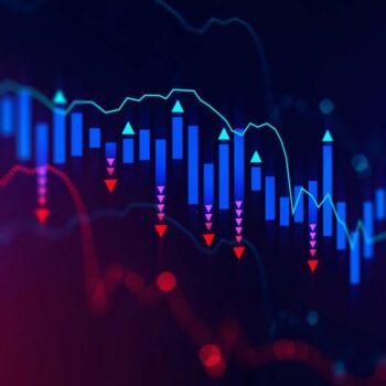 Blurry declining digital graph interface over dark blue background. Concept of stock market and financial crisis. 3d rendering toned image double exposure