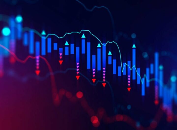 Blurry declining digital graph interface over dark blue background. Concept of stock market and financial crisis. 3d rendering toned image double exposure