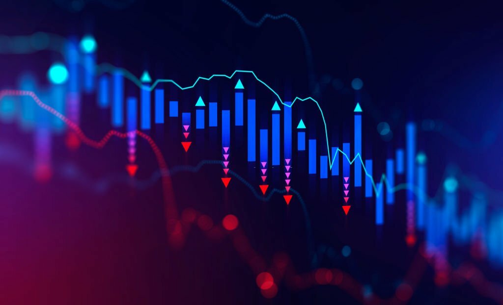 Blurry declining digital graph interface over dark blue background. Concept of stock market and financial crisis. 3d rendering toned image double exposure