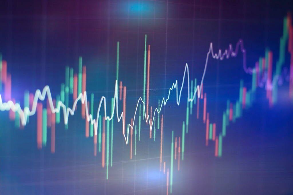 Financial data on a monitor which including of Market Analyze. Bar graphs, Diagrams, financial figures.