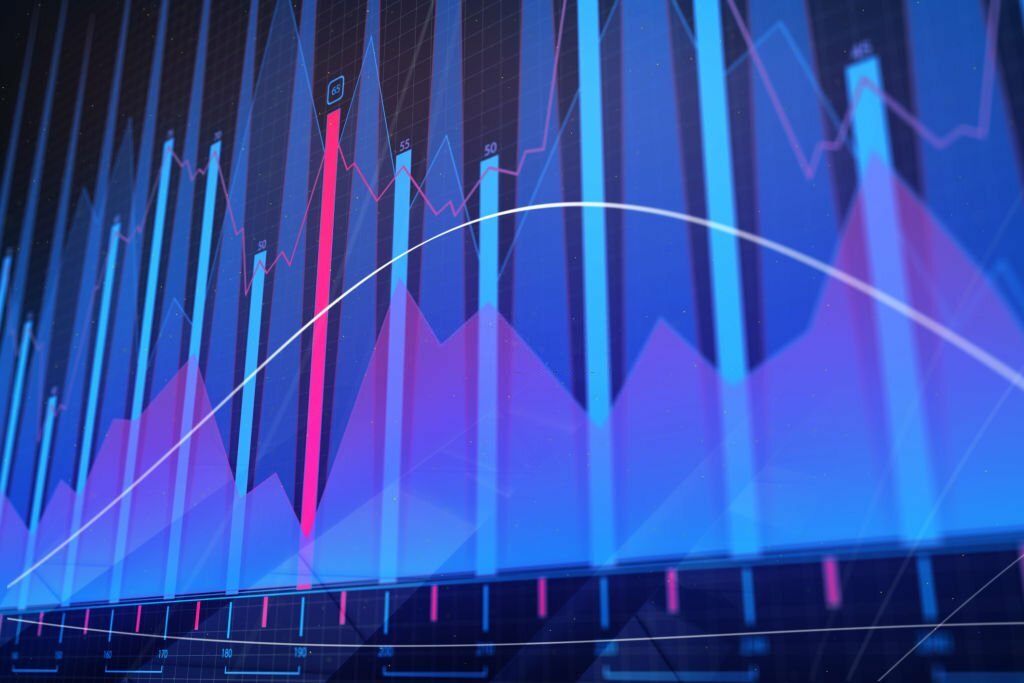 Creative glowing blue forex chart background. Finance and analysis concept. 3D Rendering