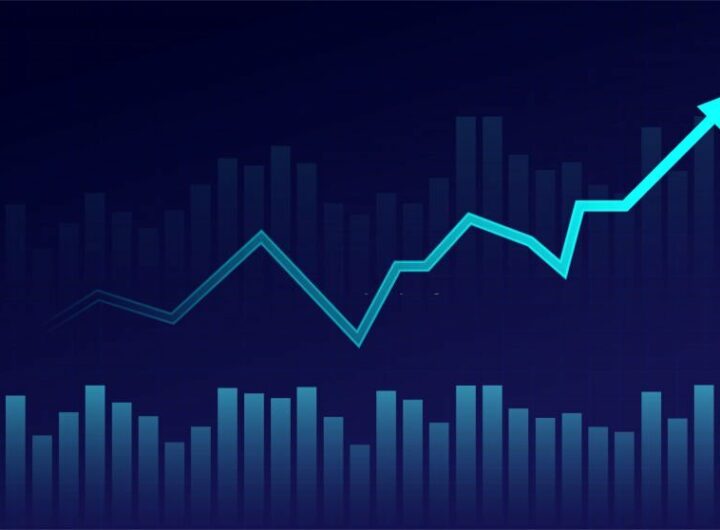 Business candle stick graph chart of stock market investment trading on blue background. Bullish point, Trend of graph. Eps10 Vector illustration.