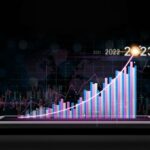 financial stock graph or growth analysis marketing exchange chart. the glow light Data digital marketing graph and chart with arrow up.positive indicators in 2023,