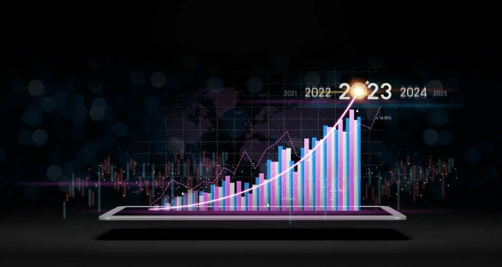 financial stock graph or growth analysis marketing exchange chart. the glow light Data digital marketing graph and chart with arrow up.positive indicators in 2023,