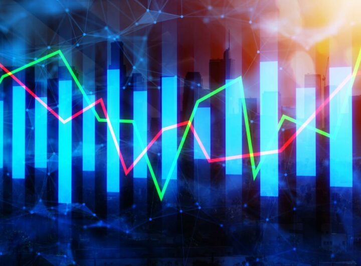 Abstract digital business chart on city background. Investment, finance, forex and trade concept. Double exposure