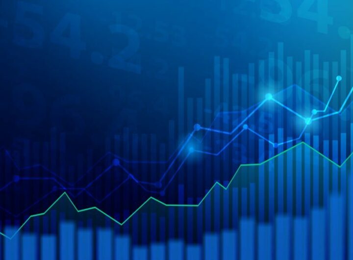 Business candle stick graph chart of stock market investment trading on blue background. Bullish point, up trend of graph. Economy vector design.