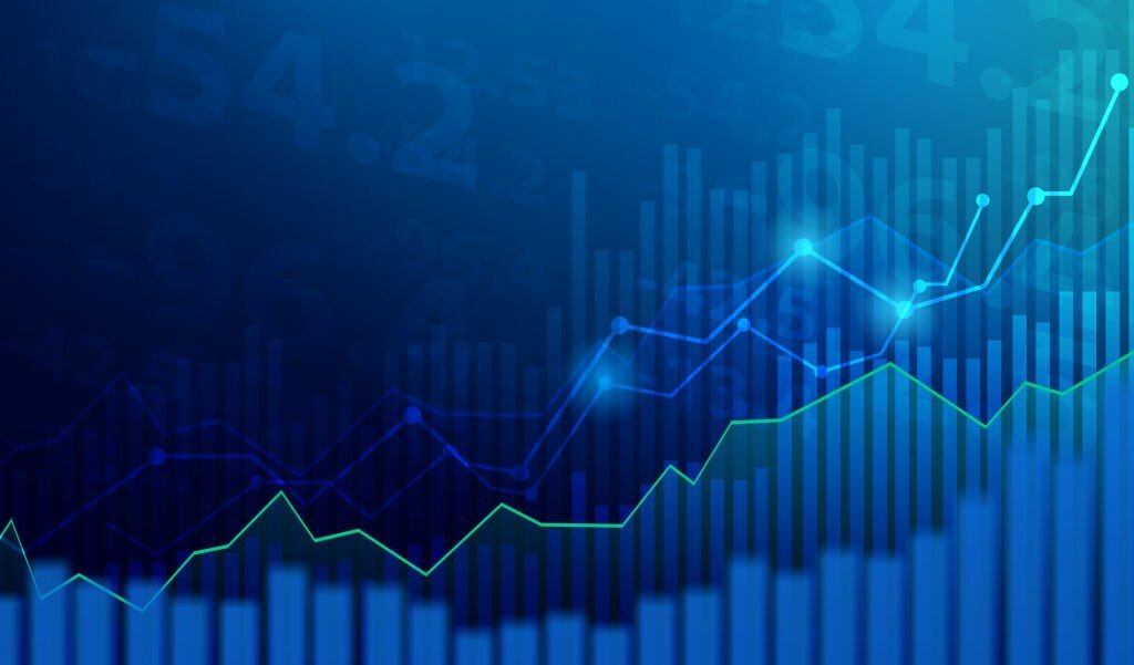 Business candle stick graph chart of stock market investment trading on blue background. Bullish point, up trend of graph. Economy vector design.