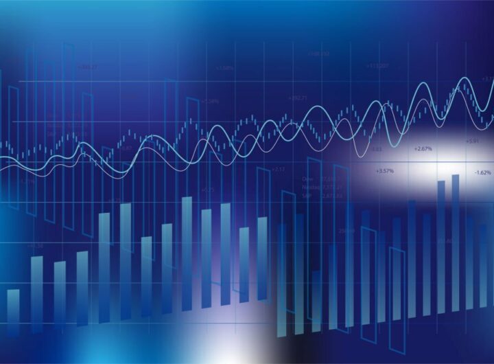 Stock market trading background vector. Chart graphs on blur backdrop.