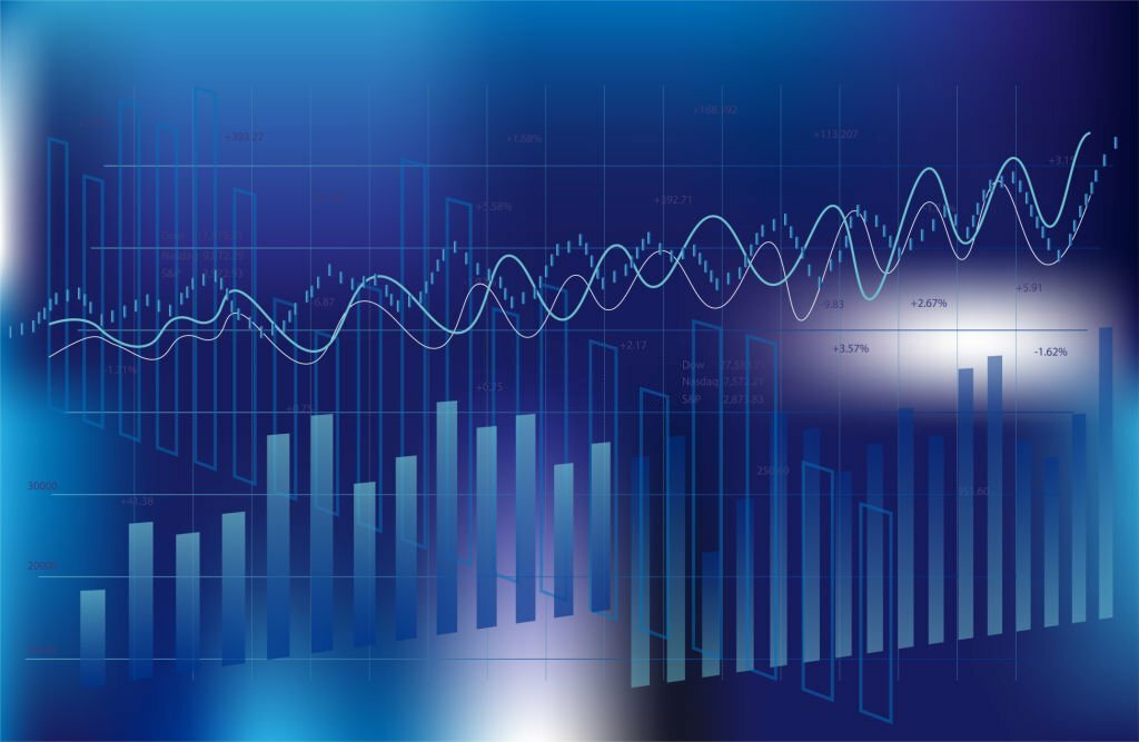 Stock market trading background vector. Chart graphs on blur backdrop.